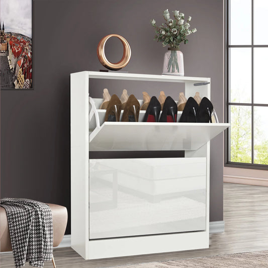 High Gloss 2 Door Shoe Cabinet | Slim Shoe Storage Unit