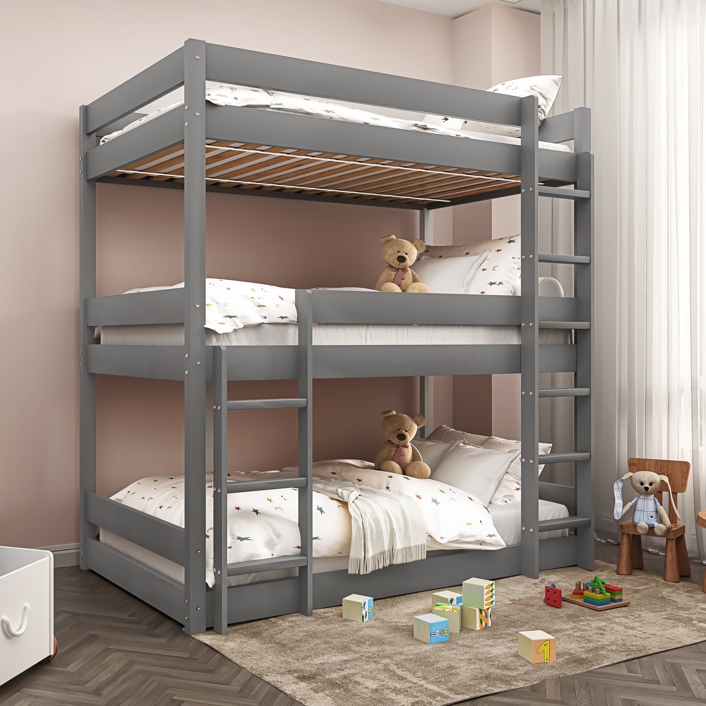 Wooden High Sleeper Triple Bunk Bed