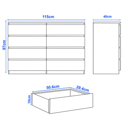 High Gloss Wide 8 Drawer Chest of Drawers - Bedroom Dresser