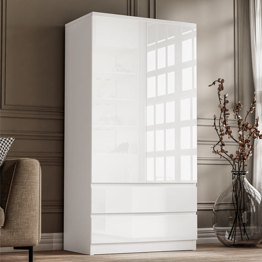 High Gloss 2 Door Wardrobe With Drawers And Hanging Space