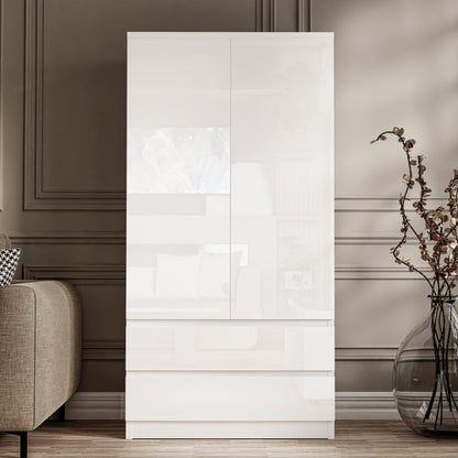High Gloss 2 Door Wardrobe With Drawers And Hanging Space