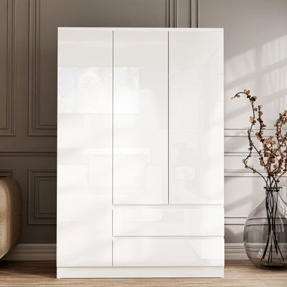 High Gloss 3 Door Wardrobe With Drawers And Shelves