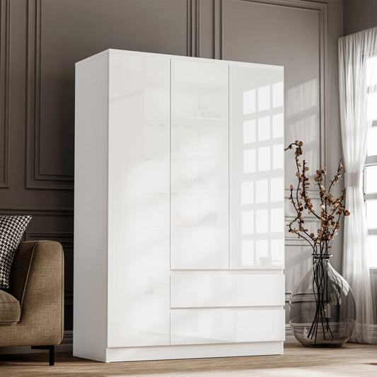 High Gloss 3 Door Wardrobe With Drawers And Shelves